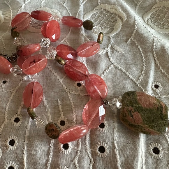 Unakite Pink Quartz & Crystal Beaded Necklace W/ 925 Sterling S-Clasp - Picture 4 of 8